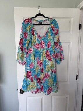 Ninety Teal Floral V-Neck Long Sleeve Dress